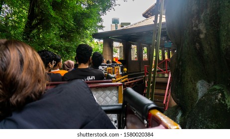 Subang Jaya, Malaysia - November 28, 2019: Tourist Riding A Rollercoaster At Sunway Lagoon Theme Park In Bandar Sunway. The View From The Seat Inside The Rollercoaster. Outdoor Activities.