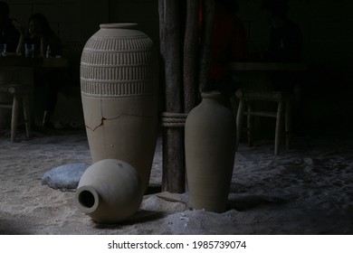 Subang, West Java, Indonesia-june 3th,2021-one Flower Vase Cracked On The Sand In Cafe 