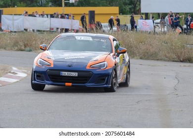 A Subaru BRZ Sports Car Driving Down The Road At High Speed. View From The Front. Nikolaev, Ukraine - 09 26 2021