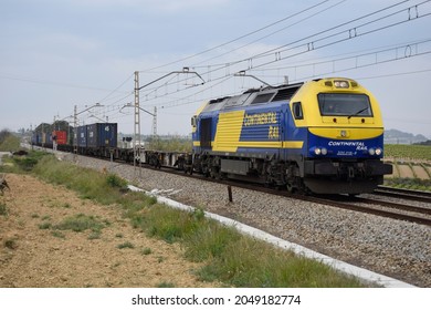 Subirats (Barcelona, Spain). 04-29-2015.  Freight Train Crossing The Vineyards Of Penedès