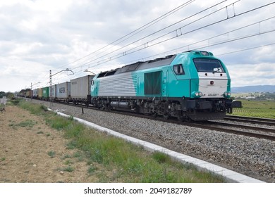 Subirats (Barcelona, Spain). 04-29-2015.  Freight Train Crossing The Vineyards Of Penedès