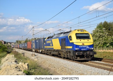 Subirats (Barcelona, Spain). 04-29-2015.  Freight Train Crossing The Vineyards Of Penedès