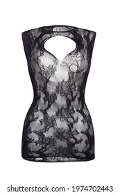 Subject Shot Of Black Erotic Dress Made Of Thin Mesh With Fancy Floral Design. Skimpy Sleeveless Dress With Open Back Is Isolated On The White Background.