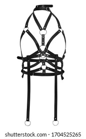 Subject shot of a black leather harness made of straps with rivets and steel rings. The full-chest harness with long garter straps is isolated on the white background.  