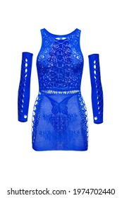 Subject Shot Of Blue Erotic Dress Made Of Mesh And Lace With Fancy Butterfly Pattern. Bright Skimpy Dress With Oversleeves Is Isolated On The White Background.