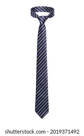 Subject shot of blue silk tie with light stripes. Classic necktie is isolated on the white background.