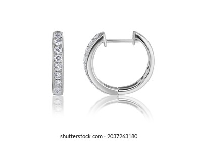 Subject Shot of Diamond Huggie Hoop Earrings on a White Background with Reflection. Earrings metal is 14k White Gold.  - Shutterstock ID 2037263180