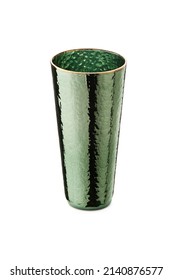 Subject Shot Of A Green Tall Glass With A Mirror Coating And A Golden Border. The Designer Textured Glass With An Embossed Effect Is Isolated On The White Background.