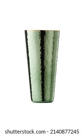 Subject Shot Of A Green Tall Glass With A Mirror Coating And A Golden Border. The Designer Textured Glass With An Embossed Effect Is Isolated On The White Background.