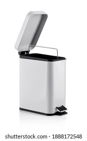 Subject Shot Of Hands-free Wastebasket With Foot Pedal, Open Lid And Removable Garbage Container. The Matte White Trash Can Is Isolated On The White Background.