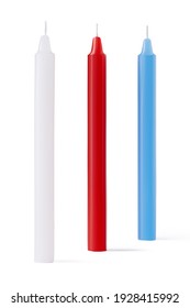 Subject shot of low temperature candles for wax dripping. The set for erotic games consists of red, white and blue candles and isolated on the white background.
