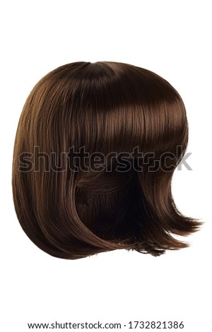 Subject shot of a natural looking brown wig with bangs. The short blunt bob wig is isolated on the white background. 