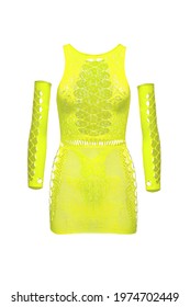 Subject Shot Of Neon Yellow Erotic Dress Made Of Mesh And Lace With Fancy Butterfly Pattern. Bright Skimpy Dress With Oversleeves Is Isolated On The White Background.