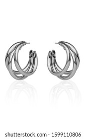 Subject Shot Of A Pair Of Steel Stud Earrings Isolated On The White Background With Reflexion. Each Earring Is Made In The Form Of A Triple Unlocked Hoop.