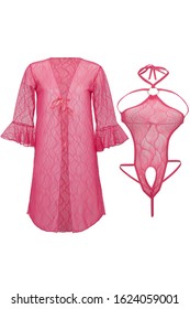 Subject Shot Of Pink Lace Lingerie Set Consists Of A Nightgown With Ties And A Skimpy Bodysuit With Thin Straps And A Metal Ring. The Underwear Set Is Isolated On The White Background.