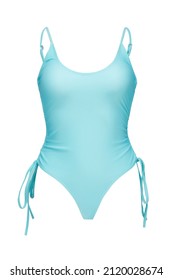 Subject shot of powder blue one-piece swimsuit with adjustable straps and drawstrings. Fashion swimming suit is isolated on the white background.