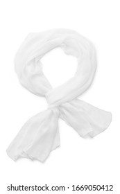 Subject shot of a snow white scarf made of semi-transparent viscose fabric. The tied scarf is isolated on the white background.  