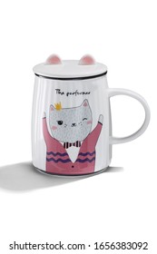 Subject Shot Of A White Ceramic Mug With A Picture Of A Cat In A Jacket And A Crown, A Cover With Cat's Ears And Lettering 