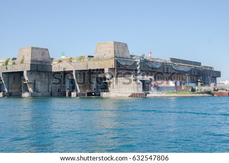 Submarine base in Lorient harbor, Morbihan in Brittany