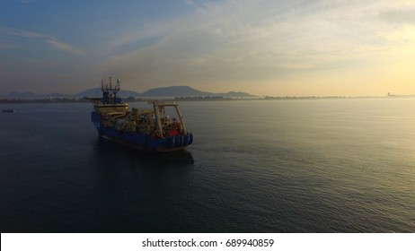 Submarine cable installation vessel in morning