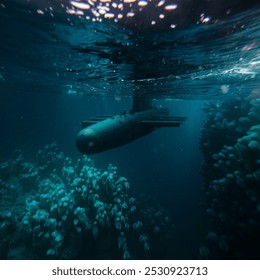 A submarine descends into the dark depths of an ocean trench, with bioluminescent creatures glowing faintly around it. The submarine’s surface is illuminated by soft light. - Powered by Shutterstock