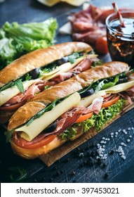 Submarine sandwiches served on the table,selective focus 