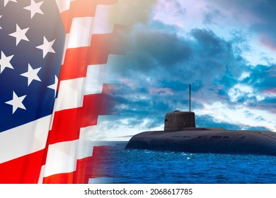 Submarine USA. Submarines USA. US Navy. American Naval Weapons. Nuclear Submarine Surfaced By United States Of America. US Flag Next To Subboat. Subboat Has Partially Surfaced At Sea.