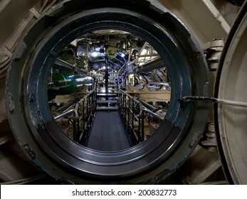 submarine view through manhole, interior with devices and technical equipment