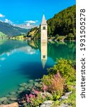 Submerged Bell Tower of Curon at Graun im Vinschgau on Lake Reschen in South Tyrol, Italy