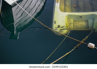 A submerged boat partially submerged in water. It is attached by ropes to the jetty. The hull of the boat is visibly worn, covered with scum and mud, and a few small fish can be seen on the bottom. - Powered by Shutterstock