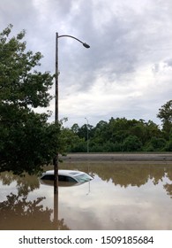 A Submerged Car On Memorial Drive In Houston Texas During Tropical Storm Imelda. September 19, 2019