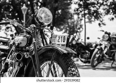 Subotica,Serbia -July 05,2015:Thomann Motorcycle On Annual Oldtimer Car Show Subotica 2015.Various Vintage Cars And Motorcycles.In Organization Of Oldtimer Club.Selective Focus.Black And White Photo.