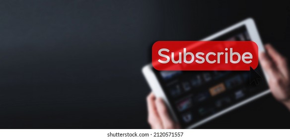 Subscribe banner. Online video subscription red button. Internet service on laptop digital tablet blured technology background. Social media concept. Streaming video - Powered by Shutterstock - Get 15% off with code: PIKWIZARD15