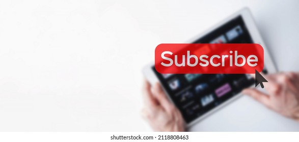 Subscribe button. Online video subscription red button. Internet service on laptop digital tablet blured banner background. Visual contents concept. Social networking service - Powered by Shutterstock