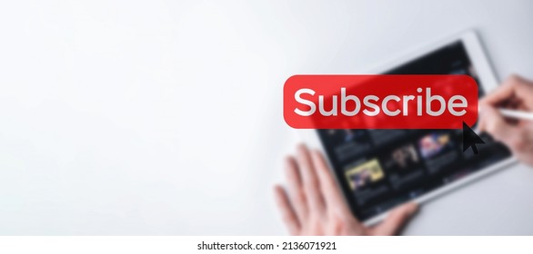 Subscribe button. Online video subscription red button. Internet service on laptop digital tablet blured banner background. Visual contents concept. Social networking service - Powered by Shutterstock