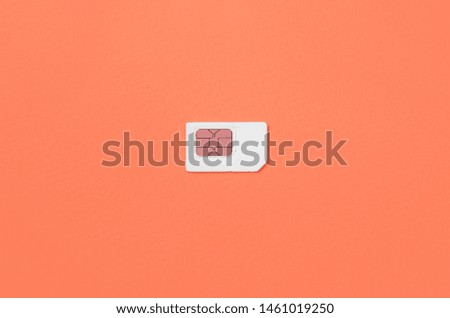 Subscriber identity module. White SIM card on coral red background