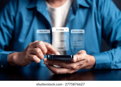 Subscription plan management and comparison concept. Person using smartphone with pricing tier option.