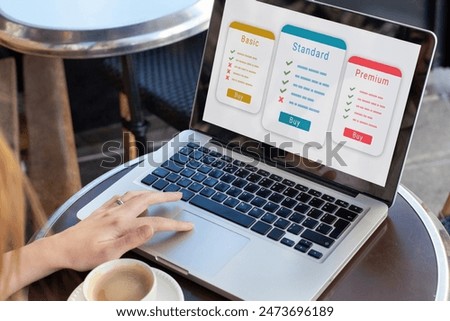 subscription plan for online service, woman choosing online education course, SaaS concept software as a service, buy streaming access