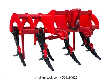 A subsoiler is a tractor mounted farm implement used for deep tillage, loosening and breaking up soil at depths below the levels worked by moldboard ploughs, disc harrows, or rototillers.  - Shutterstock ID 568194625