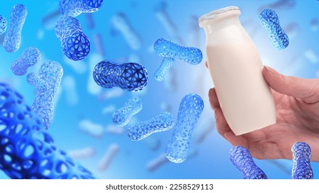 Substance microbiome. White medicine bottle in hand. Healthy nutrition to improve microbiome. Organism microbiome for immunity. Bottle with probiotic preparation. Biologically active drugs for health - Powered by Shutterstock