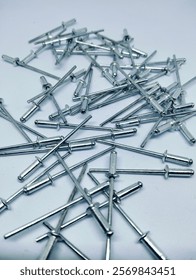 A substantial quantity of metallic rivets, predominantly silver in color, are haphazardly strewn across a minimalist white background.