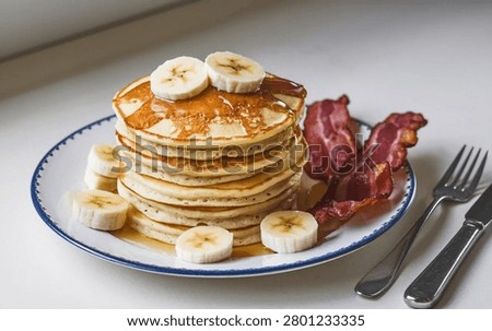 A substantial stack of fluffy pancakes, topped with banana slices and maple syrup, is presented alongside crispy bacon on a white plate with a blue border, with silverware.