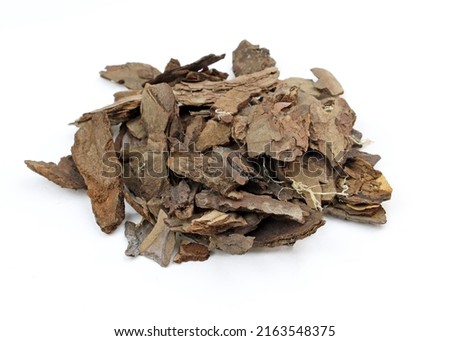substrate for Orchid soil, contains from sphagnum moss, pine bark, coconut coir. Heap of Dry Pine Tree Bark Pieces Isolated on White. Broken Woods Nature Chip. 