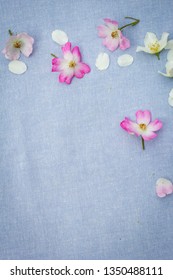 Subtle, floral frame on blue fabric