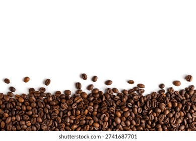 Subtle horizontal border made of randomly spread coffee beans on white background for footer design and menu decoration.