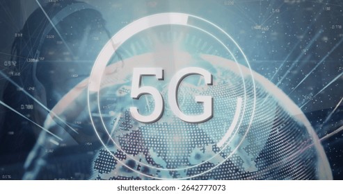 Subtle tech professional wearing blazer interacting in virtual hub, displaying holographic 5G globe. Futuristic, technology, digital, network, innovation, virtual, connectivity