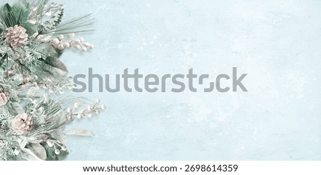 Subtle winter-themed background featuring pinecones and frosted florals arranged on the left side. Christmas and New Year holidays concept