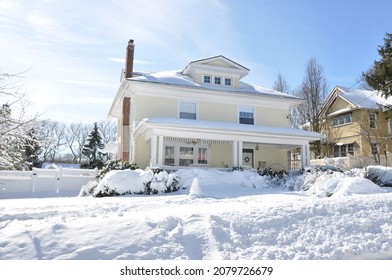 Suburban American Four Square Home After Winter Snow Storm In North East USA