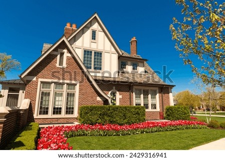 suburban cottage architecture. modern suburb house. residential building house outdoor. suburban cottage house in neighborhood. suburban cottage house property. insure housing Foto stock © 
