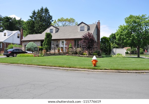 Suburban Home Landscaped\
curbside Fire Hydrant Corner Lot in residential neighborhood sunny\
blue sky day
